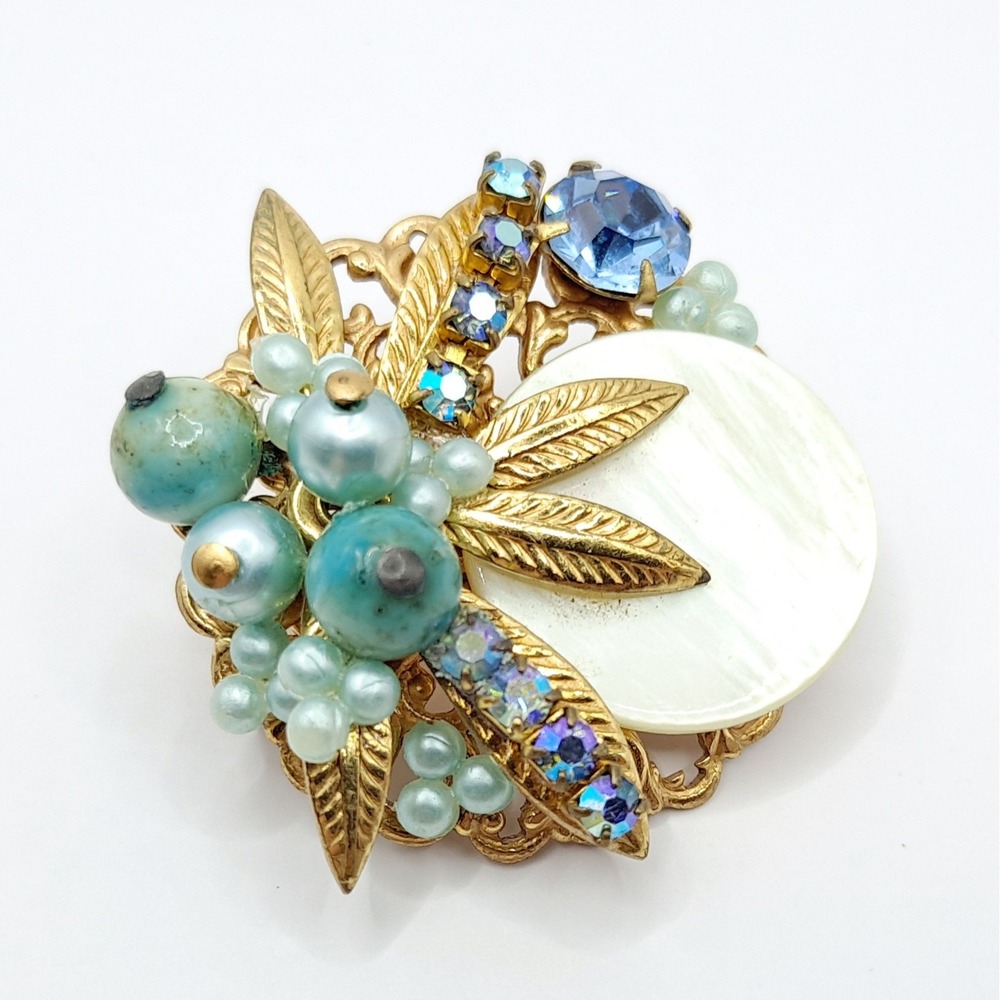 Vintage Blue Rhinestone Brooch Beads Mother of Pearl Disc Layered Leaf Cluster - Picture 5 of 11